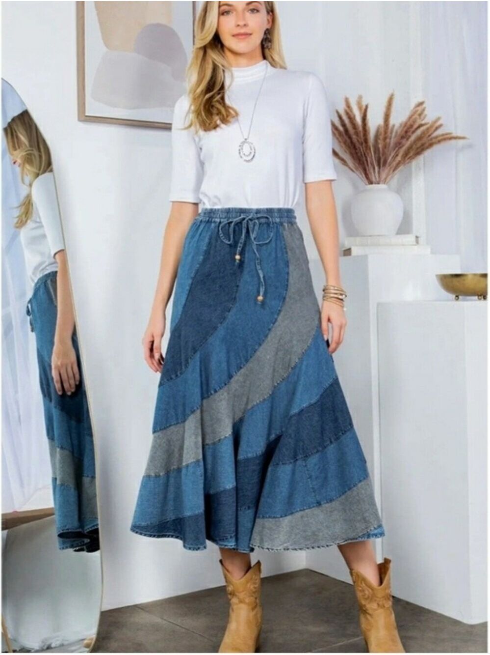 NWT Young Threads Women’s Patchwork Denim Midi Skirt - Blue